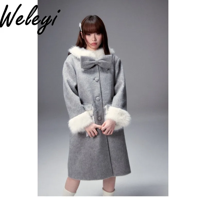 Grey Wool Woolen Medium and Long Padded Jacket Women's 2024 Autumn and Winter New Sweet Long Sleeved Single Breasted Hooded Coat