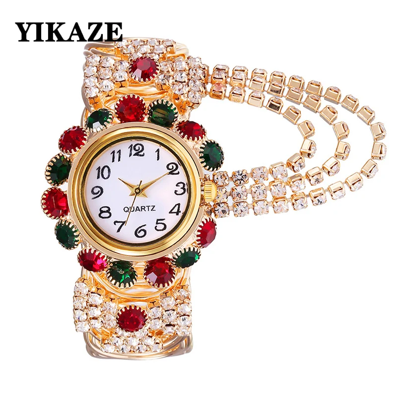 YIKAZE Luxury Women\'s Watches Gold Bangle Quartz Watch Hollow out Diamond Alloy Strap Ladies Bracelet Dress Wristwatch Clock