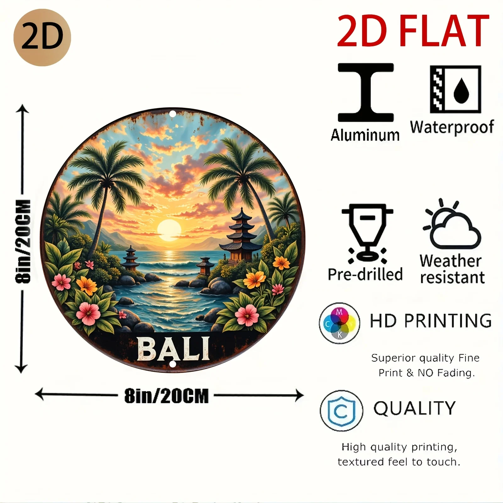 2D plane Circular Bali themed tin metal sign  tropical beach sunset art suitable for home lounge or tropical themed cafes, 2D Fl