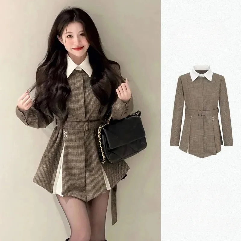 Korean Temperament Color Contrast Suit Coat Women Lapel Pleated Plaid Vintage Sweet Slim Spring Femlae Chic College Jacket 2024