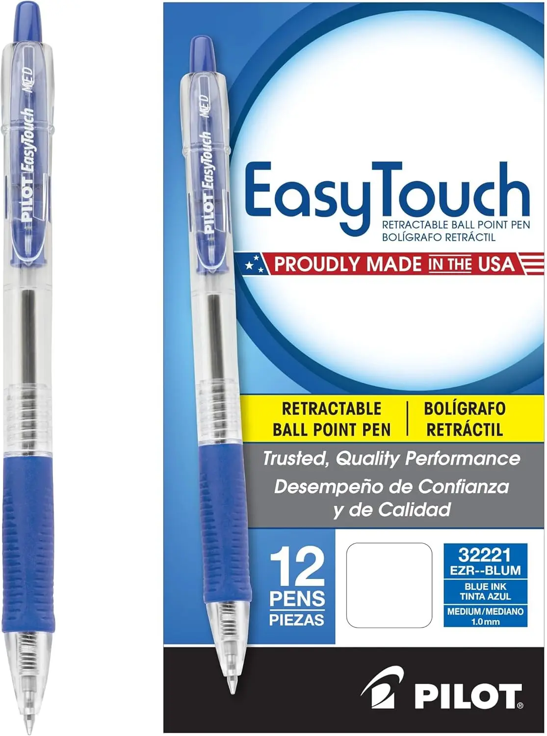 

Refillable Retractable Ballpoint Pens, Medium Point, Blue Ink, 12-Pack, Quick-Drying