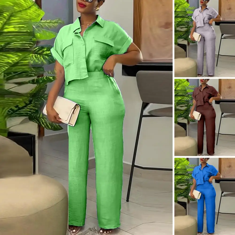 Women Commute Suit Stylish Women's Shirt Pants Set Turn-down Collar Single-breasted High Elastic Waist Wide Leg Straight Ol