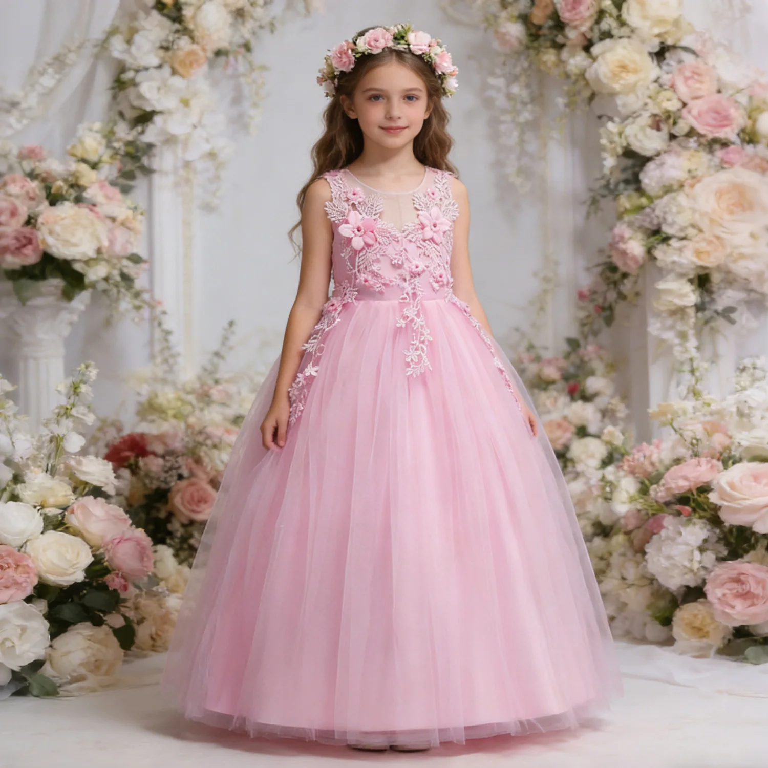 White Satin Tulle Flower Girl Dress Sleeveless 3D Floral Lace Applique Satin Bow Back A-Line Skirt Kids Piano Recital Gown