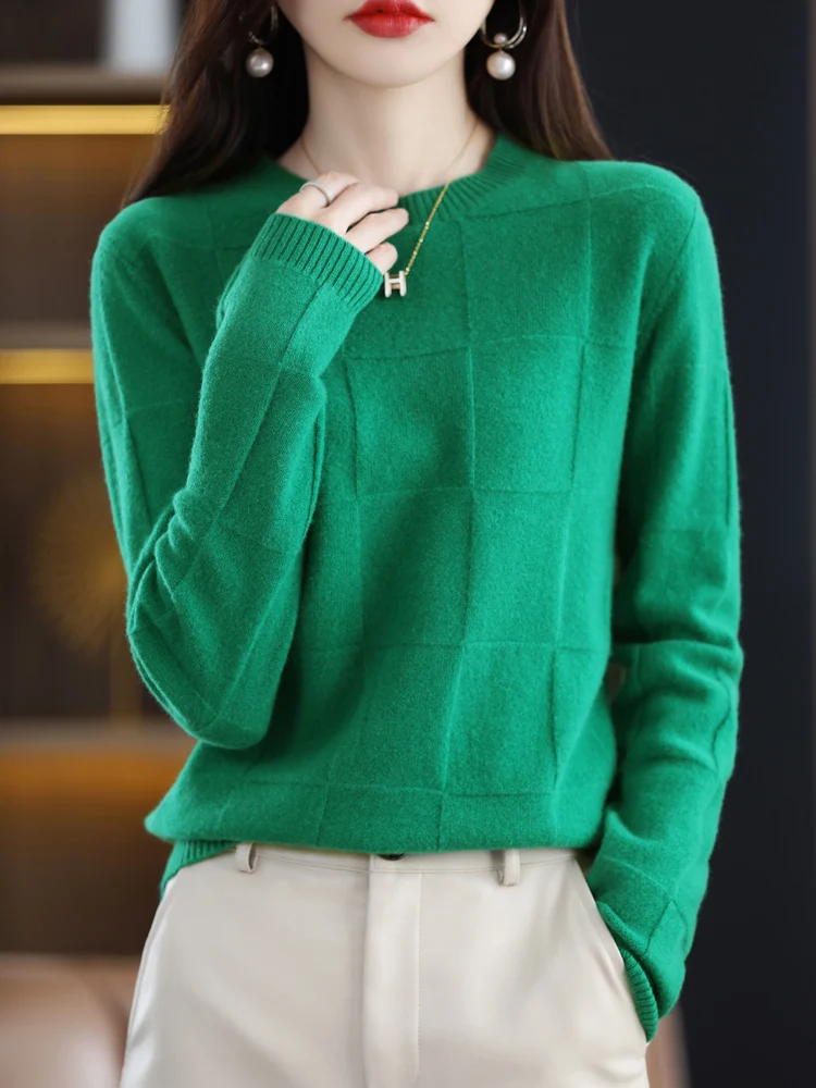 2024 Women Spring Autumn Basic Sweater 100% Merino Wool O-neck Long Sleeve Pullover Cashmere Knitted Jumpers Female Clothing Top