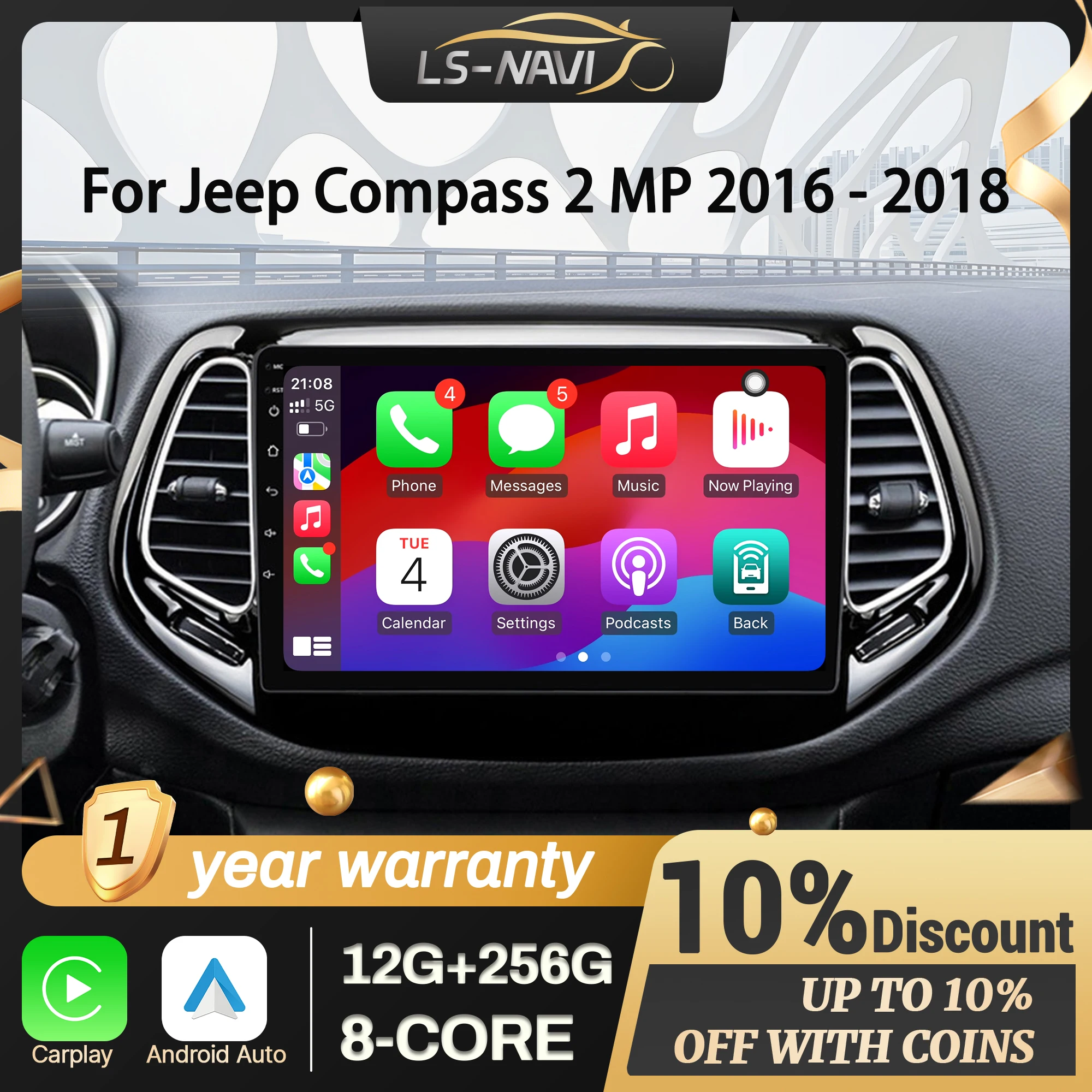 

For Jeep Compass 2 MP 2016-2018 Android 14 Car Radio Multimedia Navigation Wireless CarPlay Touch Screen Bluetooth Stereo