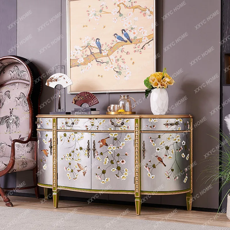 

painted flowers and birds silver solid wood semi-circular villa new Chinese entrance decorative cabinet