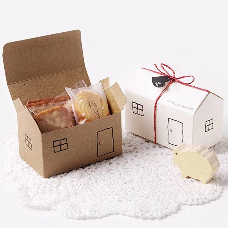 10Pcs White Brown House Shape Gift Candy Box Cookies Package With Ribbon For Birthday Wedding Christmas Party Favor Supplies