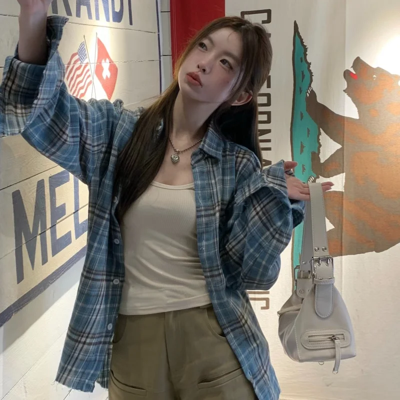 

Women Clothing Casual Korean Fashion Loose Buttons Plaid Long Sleeve Office Lady Simplicity Elegant Intellectual Generous Sven