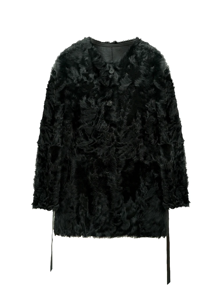 High-end หรูหราของแท้หนังขนสัตว์ฤดูหนาวสําหรับผู้หญิงสวมใส่สองด้านออกแบบความยาวกลาง Belted Lamb FUR JACKET