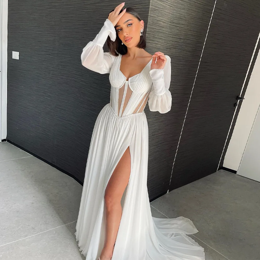 Robe de Mariée Sexy en Mousseline de Soie Ivoire à Manches sulfBouffantes, Col en V, Ligne A, Fente sur les Cuisses, pour Patients d'Été