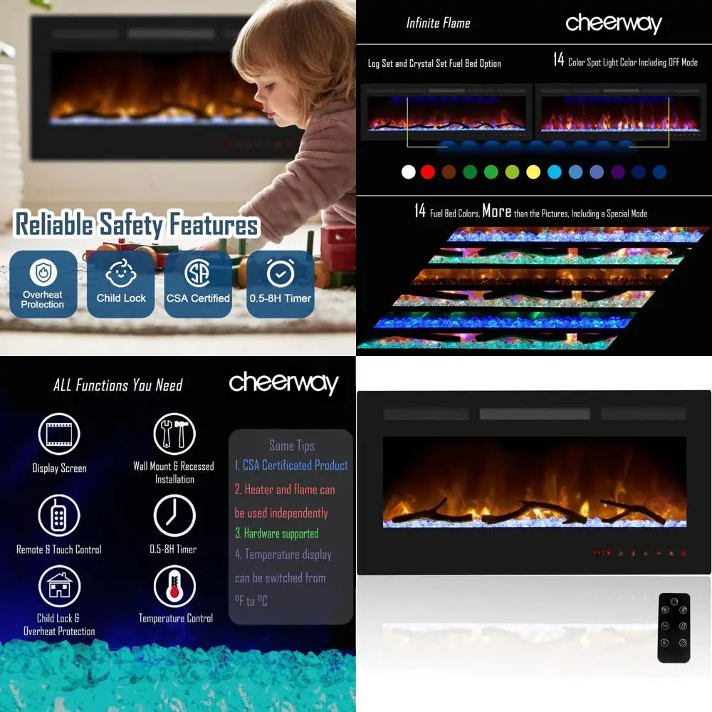 

Настенный электрический камин 36 дюймов с пультом ДУ, сенсорным управлением, регулируемым пламенем, набором дров и защитой от детей