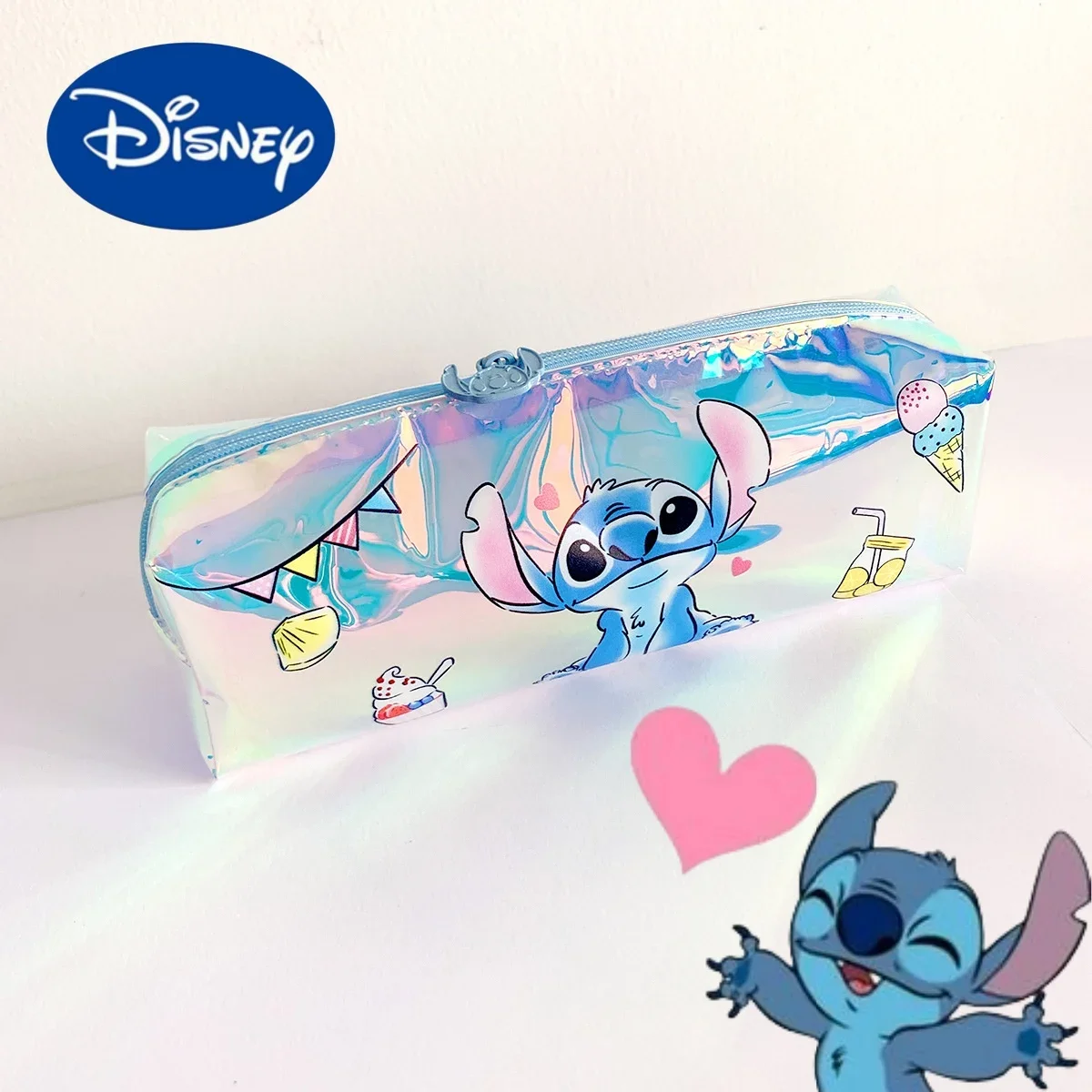 Kawaii Disney Stitch Pen Bag Rainbow Dash Cute Anime Transparent Laser Stationery Bag Waterproof Makeup Bag Gift Toy