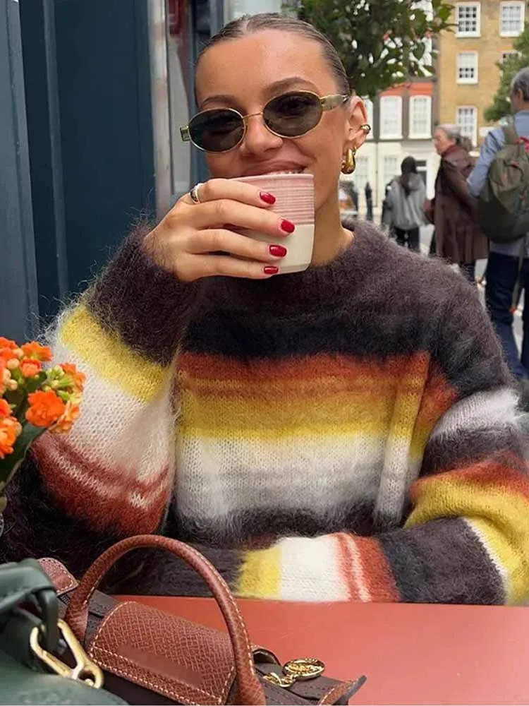 

Casual Knit Colorful Striped Pullover Women's Autumn Winter O-neck Loose Soft Warm Mohair Sweater Vintage Street Fashion Jumpers