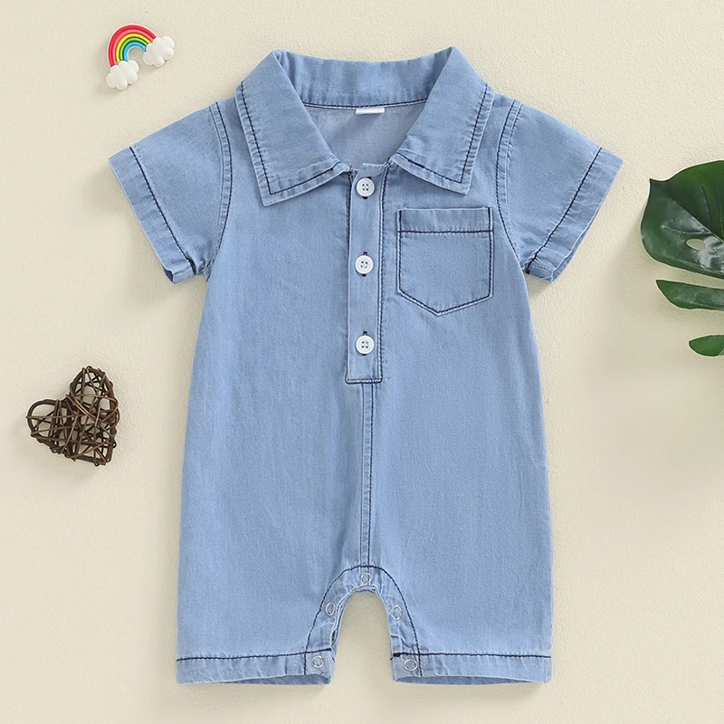 

Summer Baby Boy Denim Romper Toddler Solid Color Short Sleeve Lapel Button Down Romper Baby Jumpsuit For Newborn