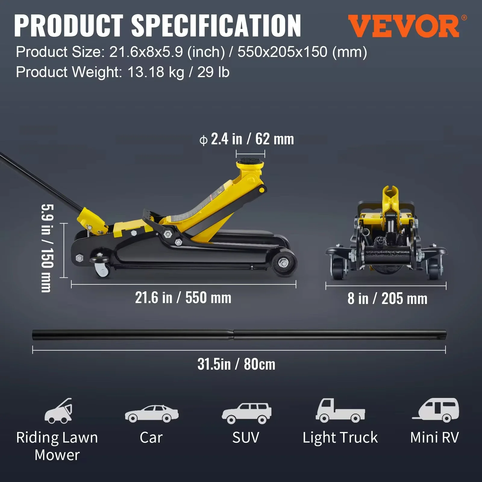 Imagem -06 - Vevor 2.5t Piso Hidráulico Jack Pneumático de Baixo Perfil Piso Jack de Corrida de Aço Resistente com Bomba de Elevação de Pistão Único