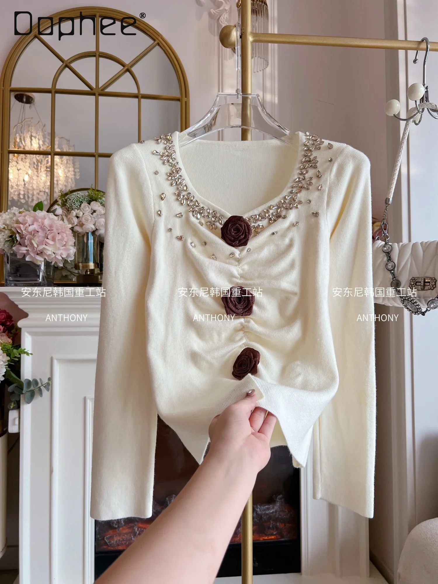 

3d Flower Ruched Knitted Pullovers Casual Diamonds Long Sleeve Slim Split Sweater Bottoming Shirt Female Trendy Clothing