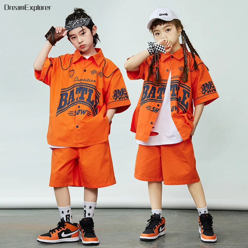 Boy Hip Hop Short Sleeved Orange Shirt Street Dance Shorts Clothes Sets Girls Blouse Children Summer Streetwear Kids Costumes