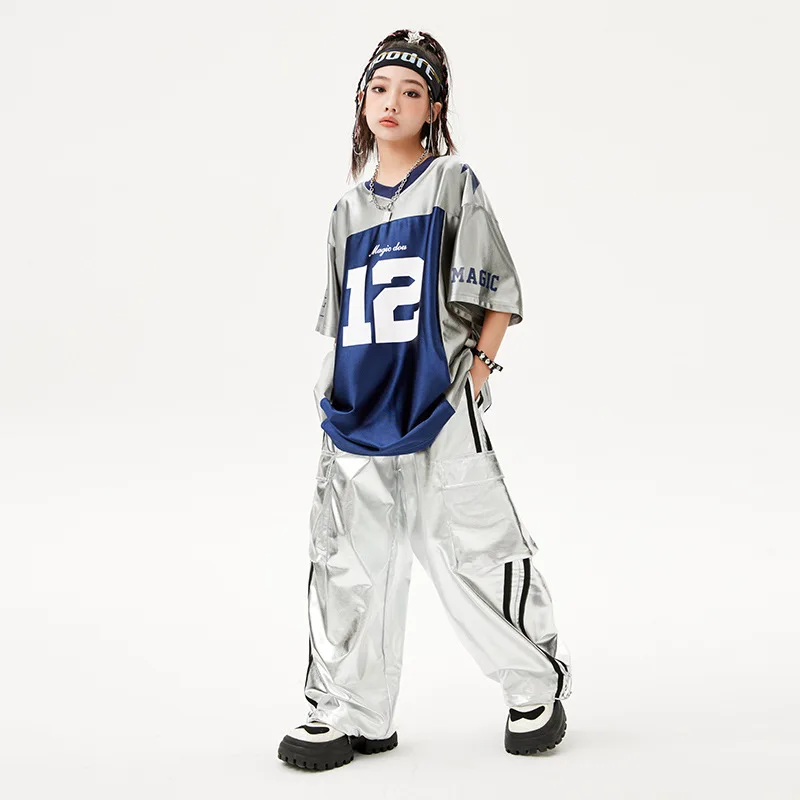 Conjunto de roupas infantis de hip hop, camiseta de cor contrastante, couro pu, calças cargo brilhantes, traje de dança de rua para meninos e meninas, traje de dança moderna de jazz