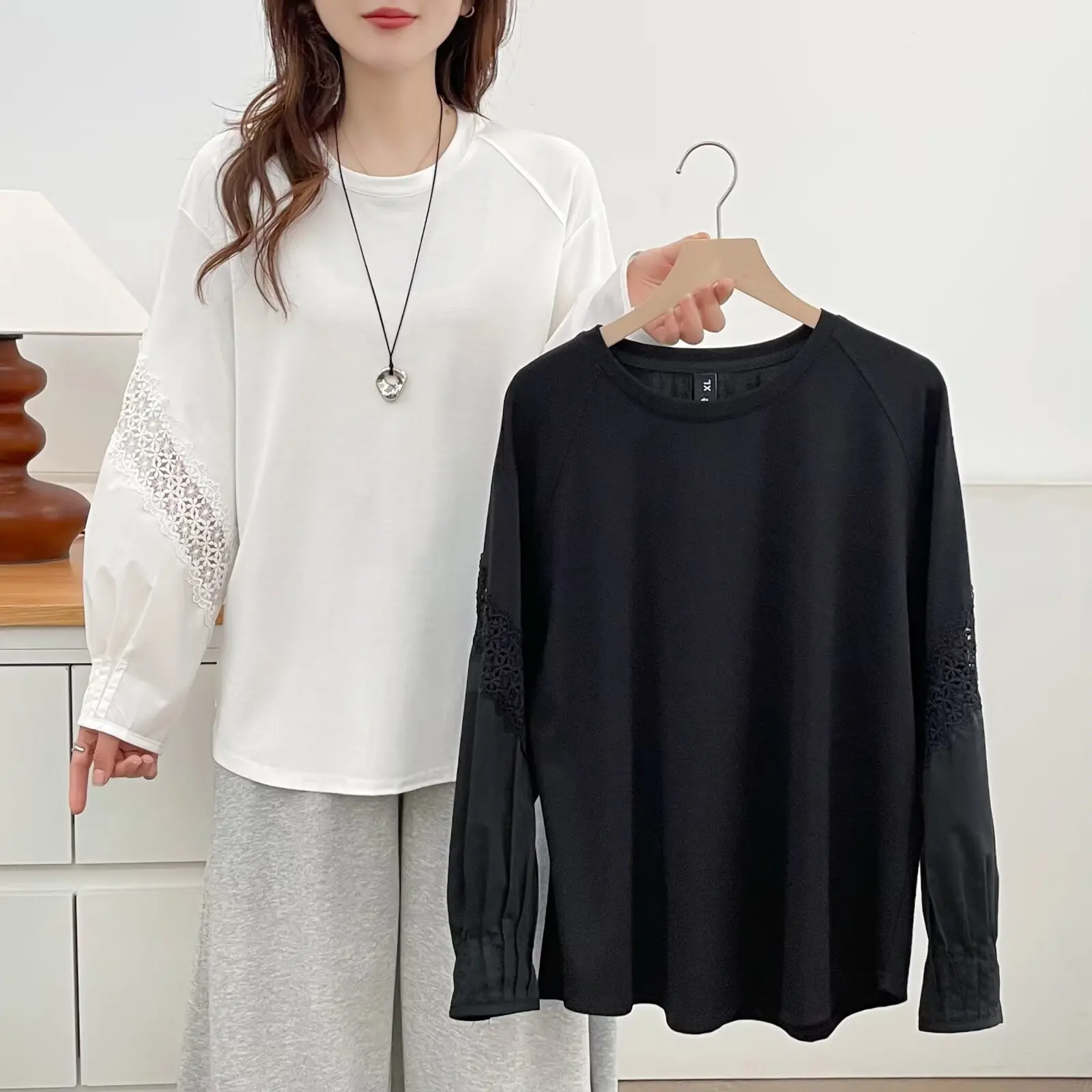 

Модные женские топы больших размеров на осень 2025, кружевная лоскутная футболка с длинными рукавами, стильная футболка из трикотажной ткани Ponte De Roma 953