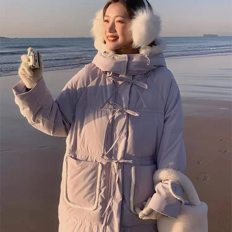 

Strap Patchwork Lamb Fur Thicken Coat Women's Warm Hooded White Duck Down Jacket 2023 Winter New Purple Pocket Long Outerwear