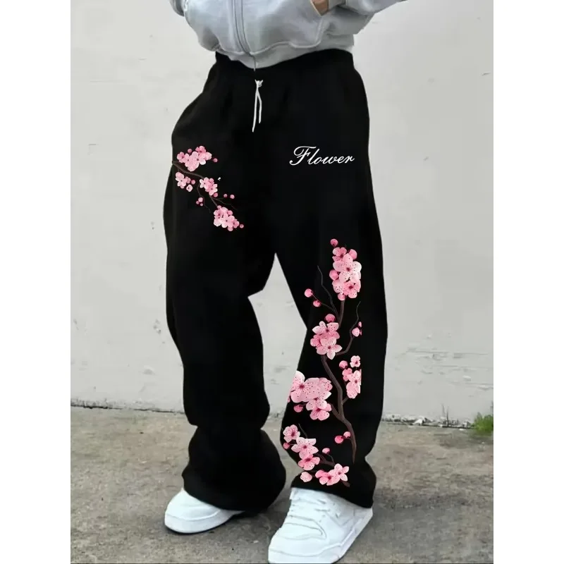 Girl's Heart Sakura Printed Black Wide Leg Pants with Drop Feel, Versatile High Street Casual Sports Pants