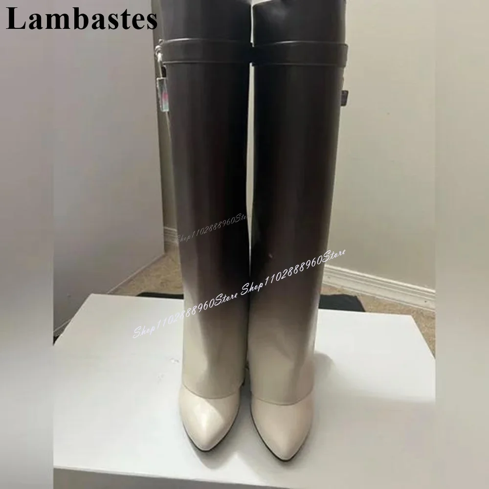 Botas de tubarão gradiente para mulheres, calcanhar de cunhas deslizantes, sapato de dedo redondo, decoração de couro, altura do joelho, slip-on, 2022