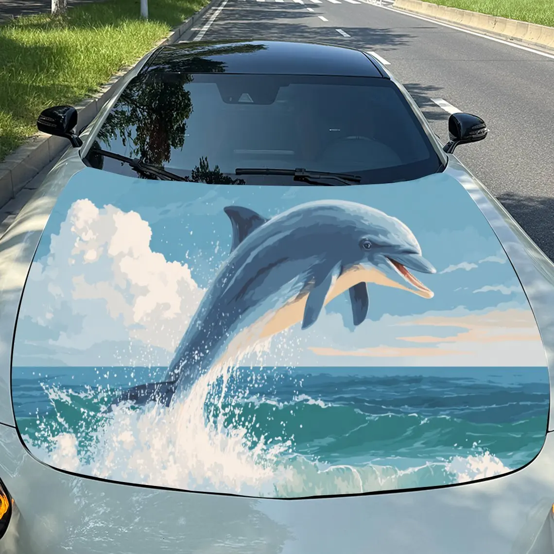 

Ocean Dolphin Leap Exploration PVC Car Engine Hood Vinyl Wraps, Self-Adhesive Waterproof Car Hood Decal Sticker, Car Decoration
