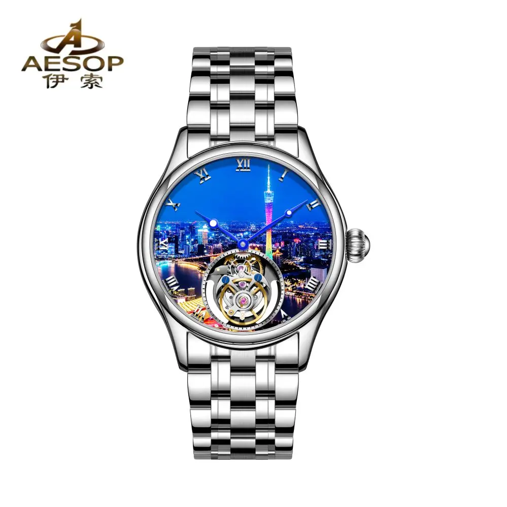 Aesop Guangzhou Tower Men's Watch Tourbillon Mechanical Watch Double Sided Hollow Stainless Steel Case Business Watch For Men