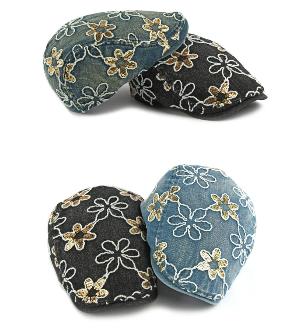 HT5070 Herren- und Damen-Baskenmützen Vintage Künstler-Malermütze Unisex Baumwoll-Ivy-Kappe Stilvolle Pailletten-Blumen Denim-Baskenmütze – Detail 3