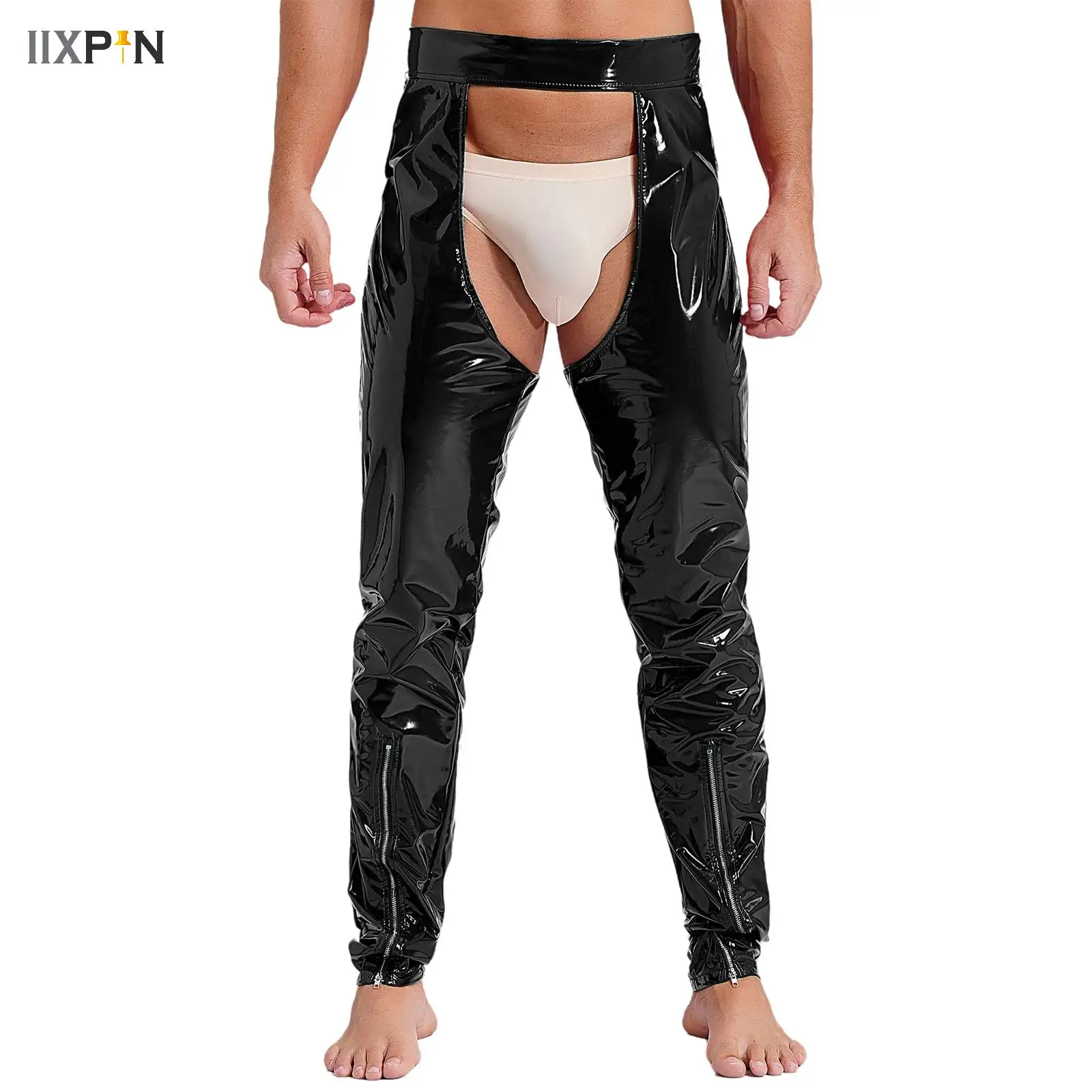 Exotic Gothic Gay Men Sexy Open Crotch Leggings Pole Dance Skinny Pants Erotic Wetlook Patent Leather Leggings Chaps Clubwear