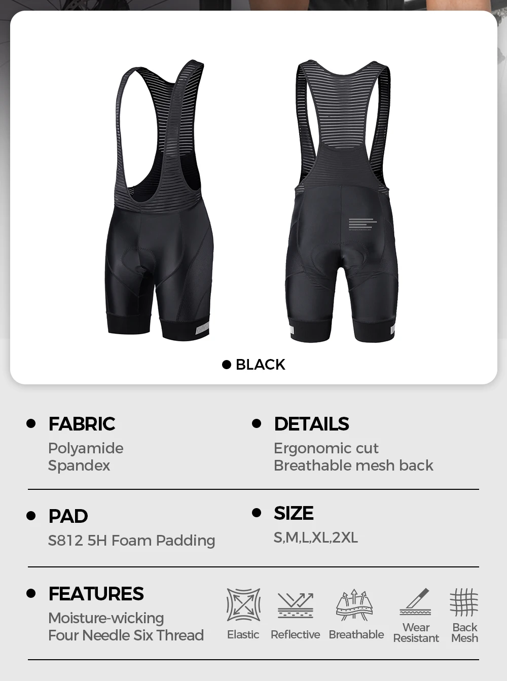 ZRSE Herren-Radhose mit Trägern, 5H-Polsterung, reflektierenden Streifen, hochelastisch, atmungsaktiver Netzstoff am Rücken, feuchtigkeitsableitend, mit Tasche, für Straßen- und Mountainbike. – Detail 2
