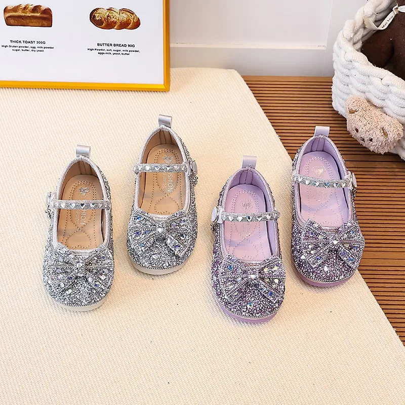 

Girls Sequin Rhinestones Bow Flat Princess Shoes Fashion Elegant Soft Sole Anti Slip Shoe for Party New Princess Shoes for Girls