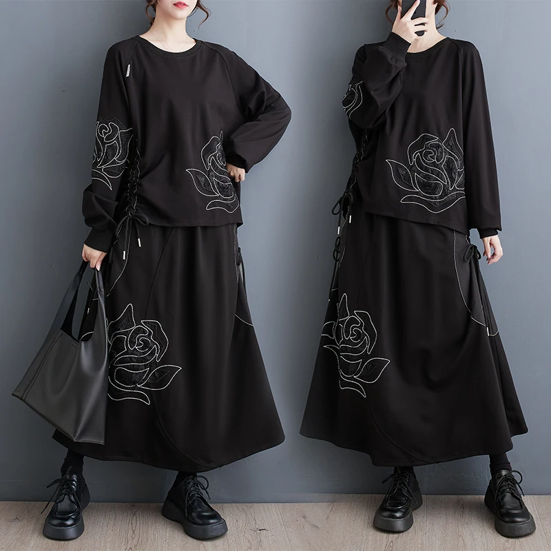 Bla-Conjunto de falda y Top bordado Retro, traje de dos piezas con costura de flores 3D, corte holgado, otoño e invierno