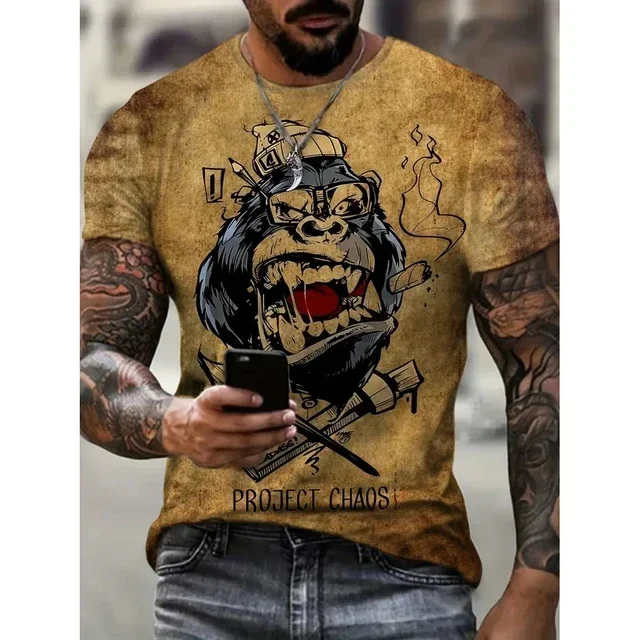 

2024 New Animal Pattern Men's T-shirt 3D Printed Men's T-shirt Retro Cat Men's Clothing Casual Top Daily Summer Fashion Short Sl