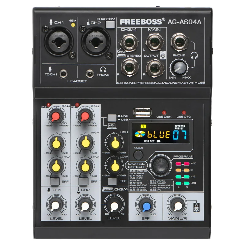 4 ช่องเครื่องผสมเสียง 88 DSP Effect USB PC Record Play แบบพกพา Dj คอนโซลผสมบลูทูธสําหรับ House Party คาราโอเกะ AG-AS04A