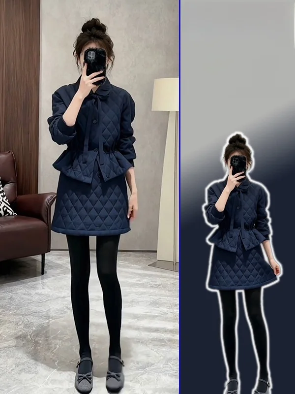 

Комплект из двух предметов: утепленная хлопковая куртка и юбка А-силуэта с высокой талией для женщин больших размеров. Теплый, модный, повседневный французский стиль.