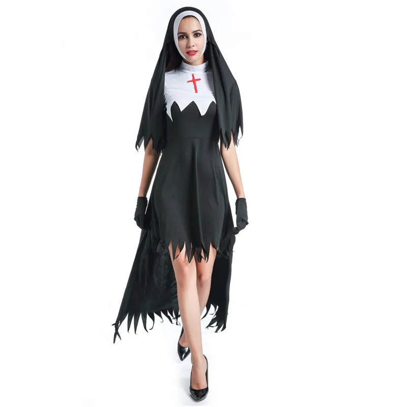 

New Style Sister Cosplay Party Costume Fashion Black Women Sexy Nun Costume Arabic Religion Monk Ghost Uniform Irregular Dress