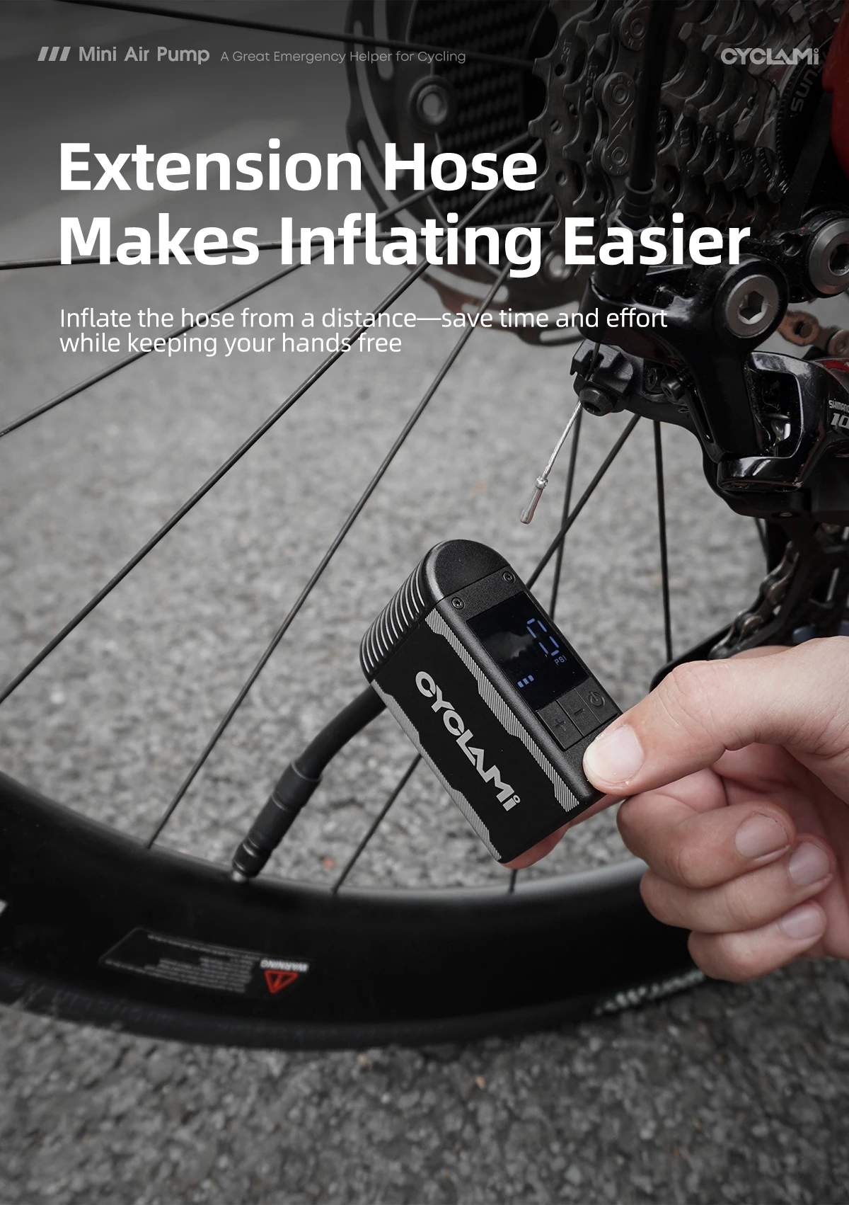 CYCLAMI A2S Tragbare Elektrische Fahrradpumpe aus Aluminiumlegierung, 120 PSI, 500 mAh, Mini-Schnellkompressor für Rennrad, MTB, Schrader- und Presta-Reifen – Detail 10