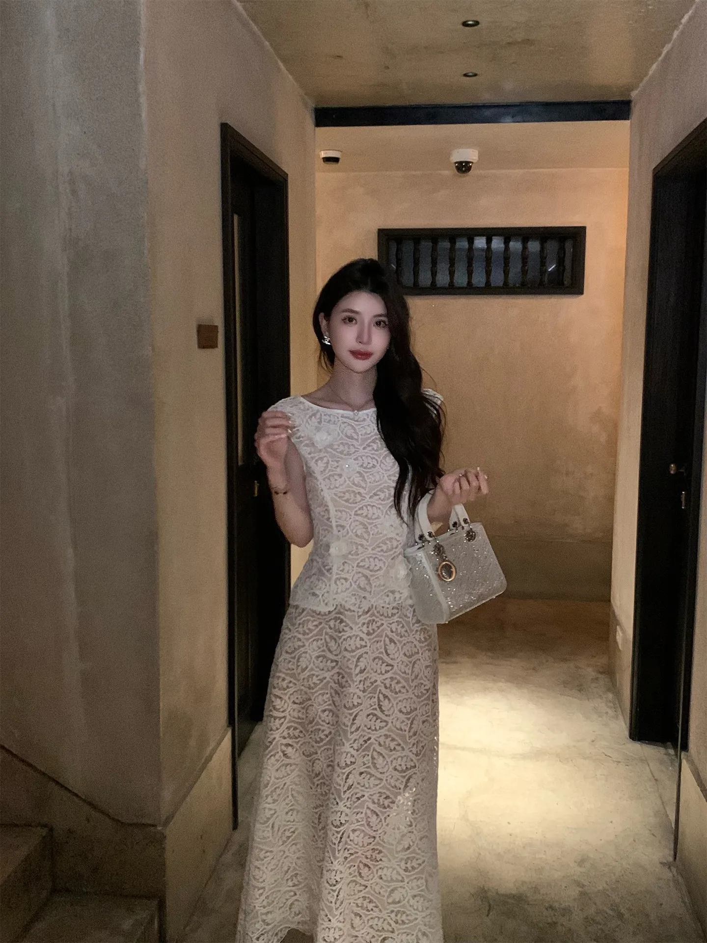 

Kun Total Faion Set White Lace Embroidery Women's Summer Heavy Design Sense New Sle Polyester Fiber Anti-Wrinkle Casual Wear