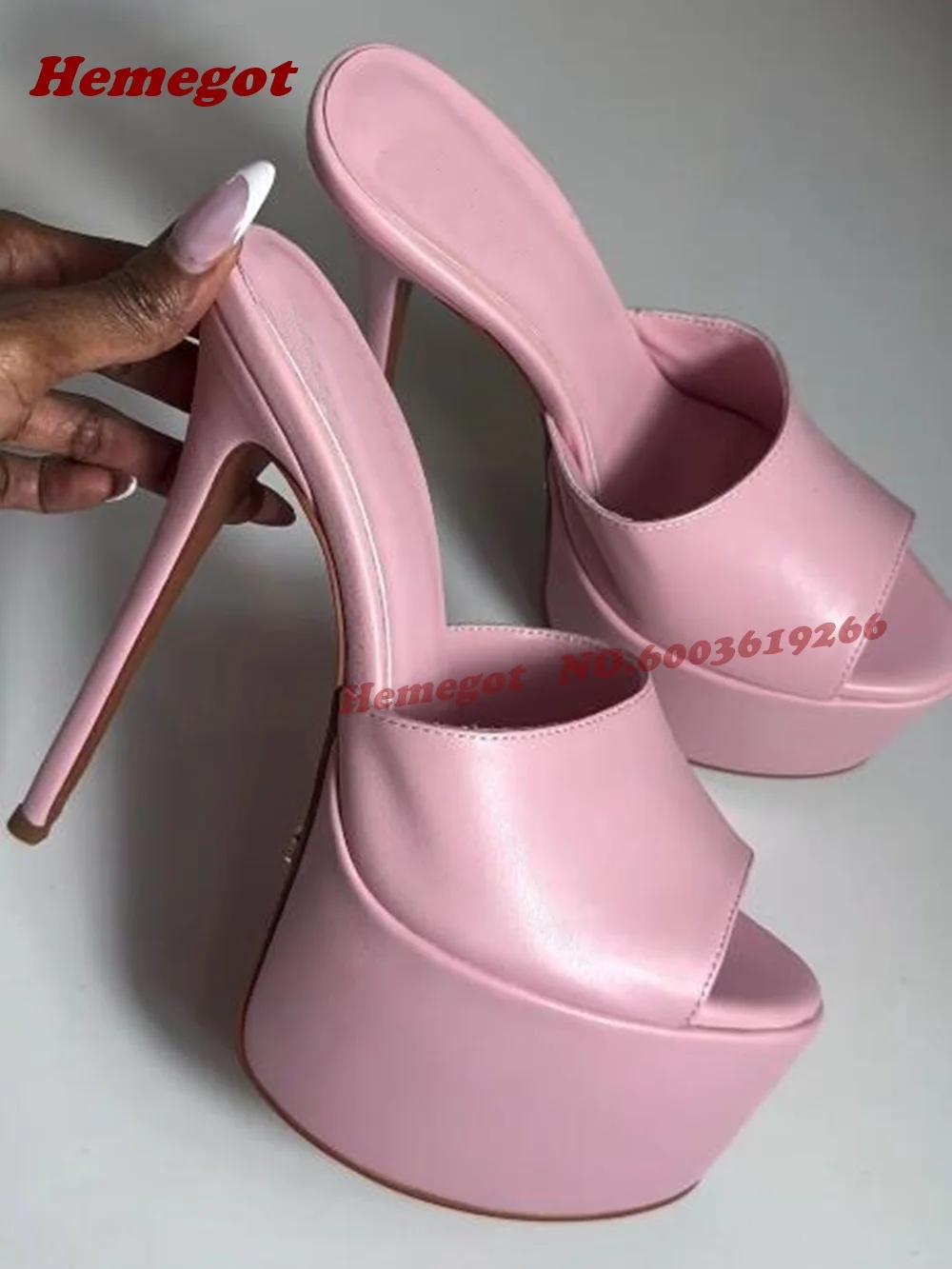 

Pink Platform Leather Slippers Peep Toe Stiletto High Heels Summer Women's Slippers Outside Slip On Solid Color 2026 New Shoes