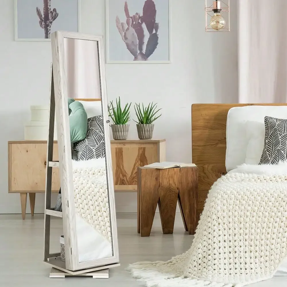 360 °   ตู้เก็บเครื่องประดับแบบหมุนได้ 2-in-1 พร้อมกระจกสีขาวแบบล็อคได้