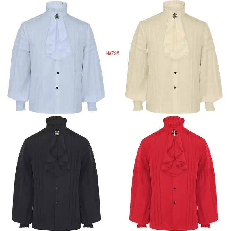 dd12White Black Red Ruffles Stand Collar Lantern Sleeve Victorian Goth Shirt Men Medieval Top Vintage Clothes Male Party Banquet
