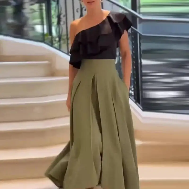 Femmes été une épaule creux Boho mode Patchwork longue fête printemps Sexy col incliné à volants bureau dame robe