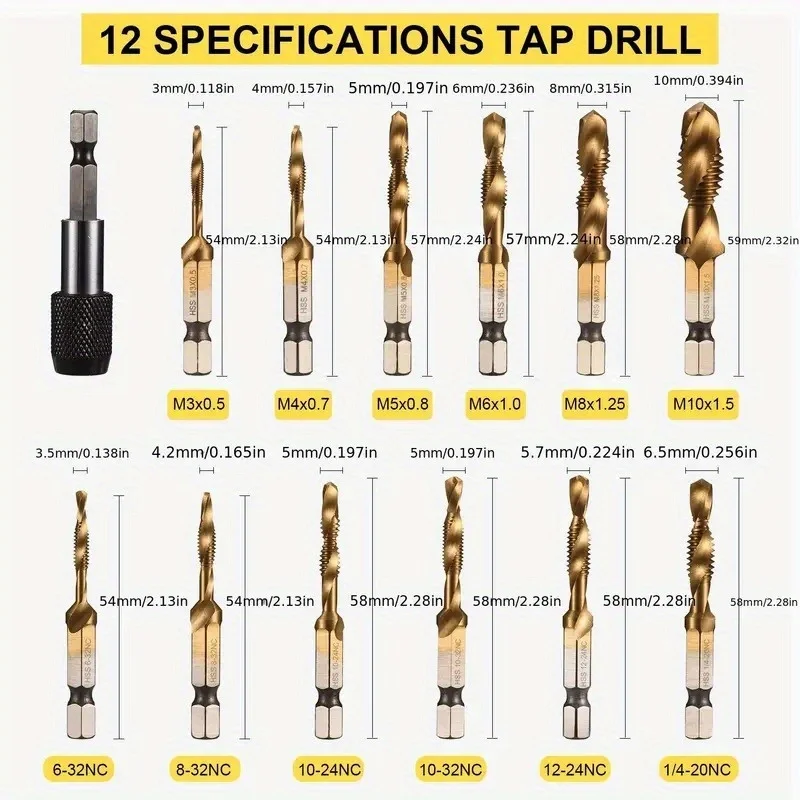 1 Set 3-in-1 Combination Drill Tap Bit Set Titanium Coated Screw Tapping Tool for Drilling Tapping and Countersinking