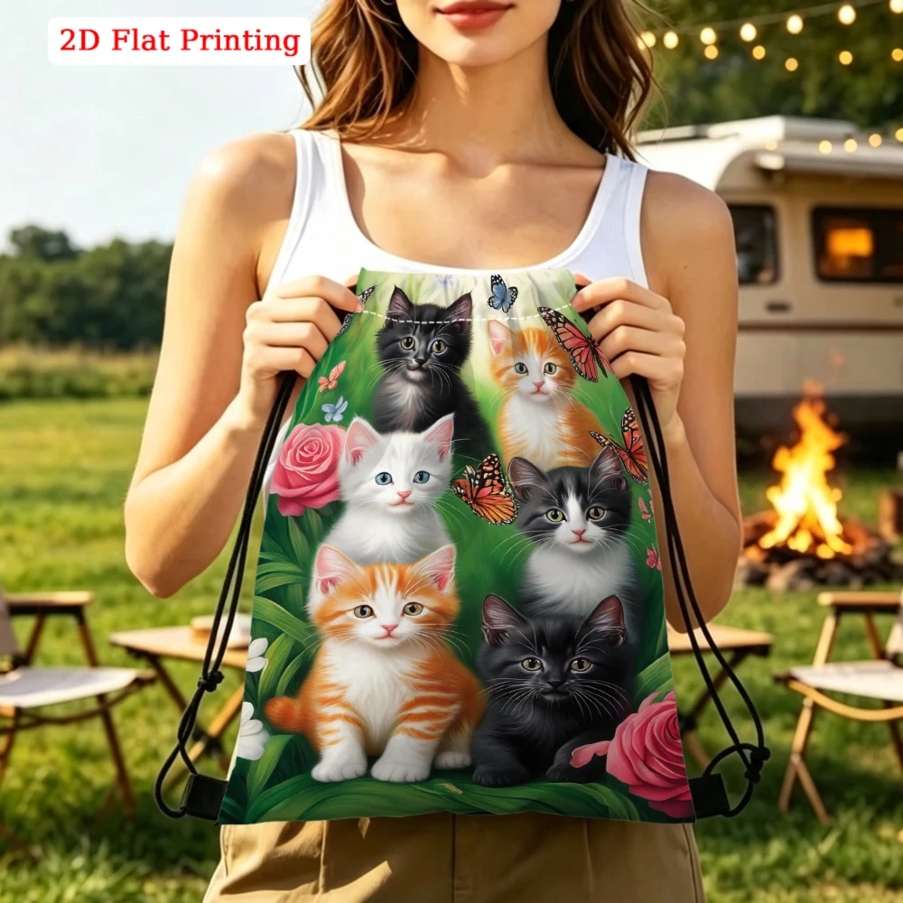 Cute Kitten Pattern, Drawstring Backpack, 2D Flat Printing Cats And Roses Design, Fitness Sports Bag, Outdoor Travel Drawstring