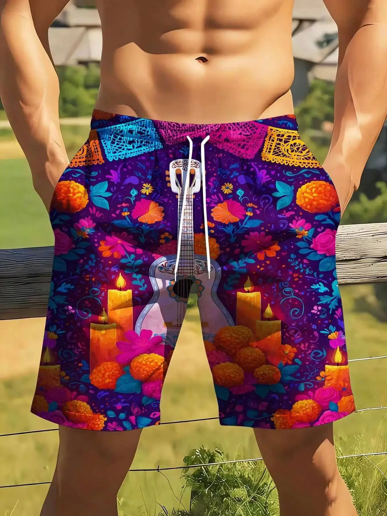 

Men Day Of The Dead Guitar Floral Print Swim Trunks Quick Dry Beach Shorts[Plus-Size; Suitable For Casual And Athletic Wear]