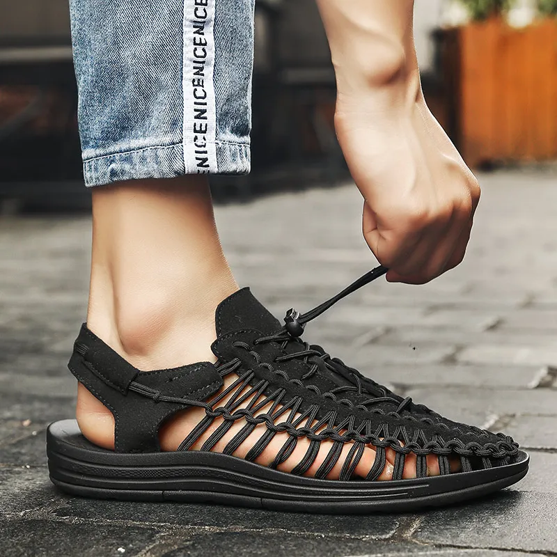 Men Casual Shoes 2023 Summer Roman Woven Shoes Fashion Breathable Outdoor Hollow Black Mens Sandals Non Slip Zapatos Mujer