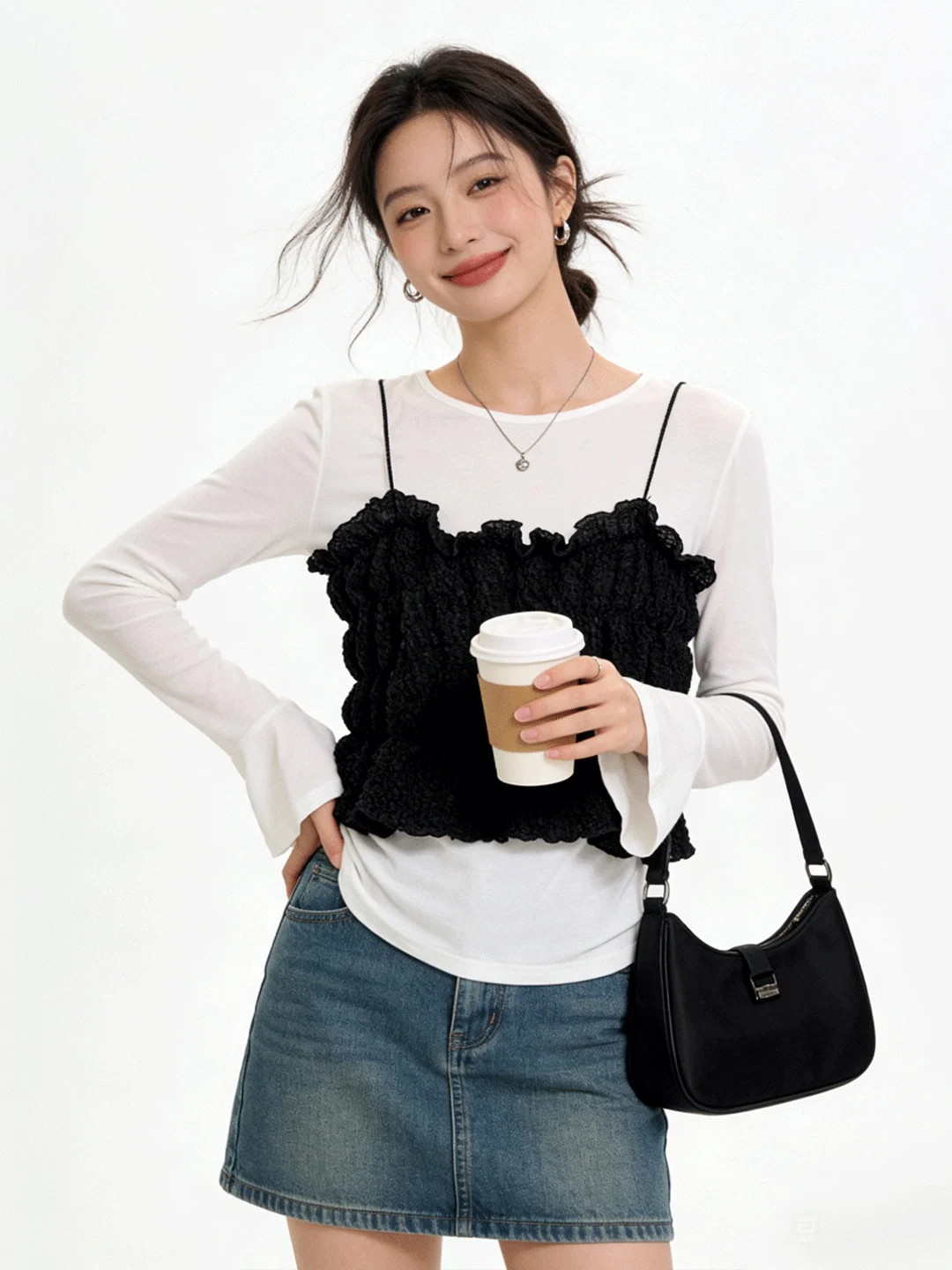 

Faionable Layered Wear Skin-friendly Bell Sve Top Early Spring Design Pleated Tube Bra Set Korean Sle ort Sve Wom...