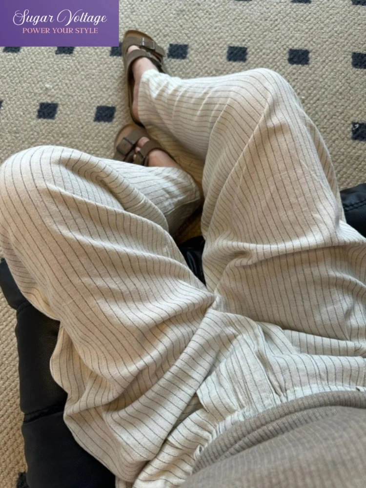 

Полосатые широкие брюки в японском стиле, женские хлопковые и льняные мешковатые брюки с высокой талией, летние женские корейские прямые брюки