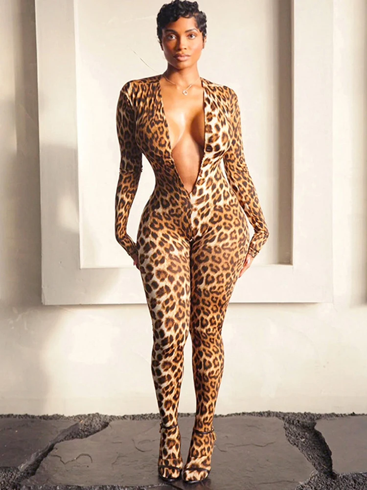 

Nibber Leopard Print Jumpsuit Women Deep v-Neck Full Sleeve Backless Peach Buttocks Skinny Sexy Midnight Coquett Wild Outfit